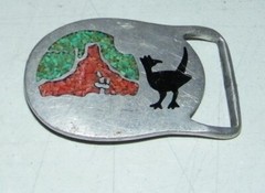 Vintage Pewter RJ Southwestern Inlay Turquoise Coral Belt Buckle Good Condition