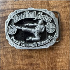 Vintage Martial Arts Belt Buckle Made In USA Peace Through Strength Kung