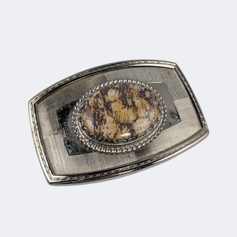 Vintage Silver Picture Jasper Cabochon Belt Buckle Polished Stone Inlay Western