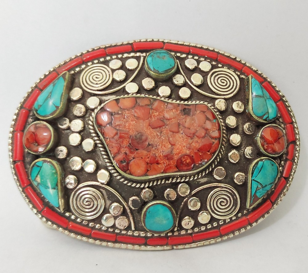 Unisex Tibetan Silver Belt Buckle waist trap Turquoise Coral Clasp K3