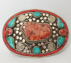 Unisex Tibetan Silver Belt Buckle waist trap Turquoise Coral Clasp K3