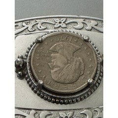 Vintage 1979 Susan B Anthony Dollar Coin Belt Buckle Silver Tone Western Scroll