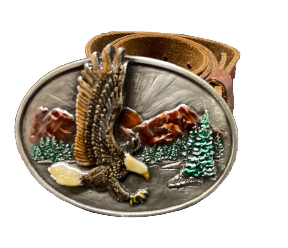 SISKIYOU Buckle Co Enamel Eagle VTG 1982 pewter Belt Buckle & Homemade Belt