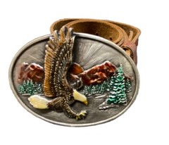 SISKIYOU Buckle Co Enamel Eagle VTG 1982 pewter Belt Buckle & Homemade Belt