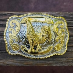 WESTERN ROOSTER BIRD FARM MEDIUM SILVER AND GOLD SHINE RODEO COWBOY BELT BUCKLE