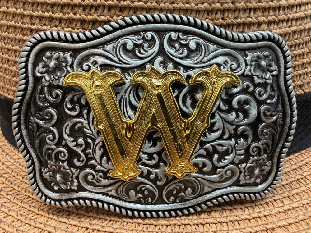 Antiqued Silver Gold Initial W Rectangle Western Cowboy Floral Vine Belt Buckle