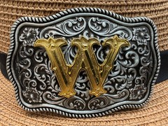 Antiqued Silver Gold Initial W Rectangle Western Cowboy Floral Vine Belt Buckle