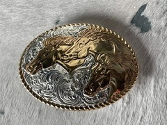 Crumrine Belt Buckle 3.75 x 3 in Horse Trio Oval Silver Engraved Gold 1.75
