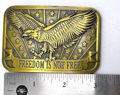 « Freedom Is Not Free » Brass Belt Buckle Eagle Stars 2014 Sponsor USA New