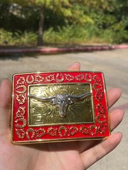 Western Buckle Gold Silver Red Longhorn Bull Cowboy Fit 2 » Hebillas Vaqueras
