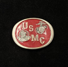 Vintage USMC belt buckle features red enamel background “First to Fight” RARE