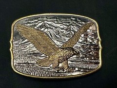 Vintage Soaring Patriotic USA Eagle Hawk w/ Mountains Belt Buckle 3.5” x 2.5”