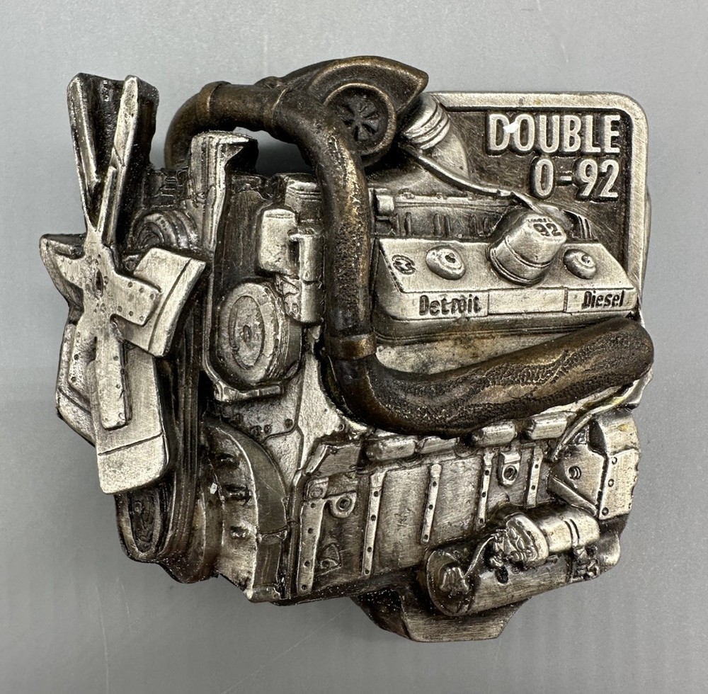 VINTAGE BELT BUCKLE SHAPED LIKE A ENGINE MARKATRON DETRIOT DIESEL DOUBLE 0-92