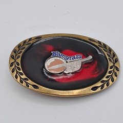 Vintage Bluegrass Belt Buckle Brass 3D Bango Red Enamel Inlay Blue Script Rare