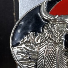 Silver Black and Red Metal Men’s Long Horn Belt Buckle 5 in – 3. 1/4 in
