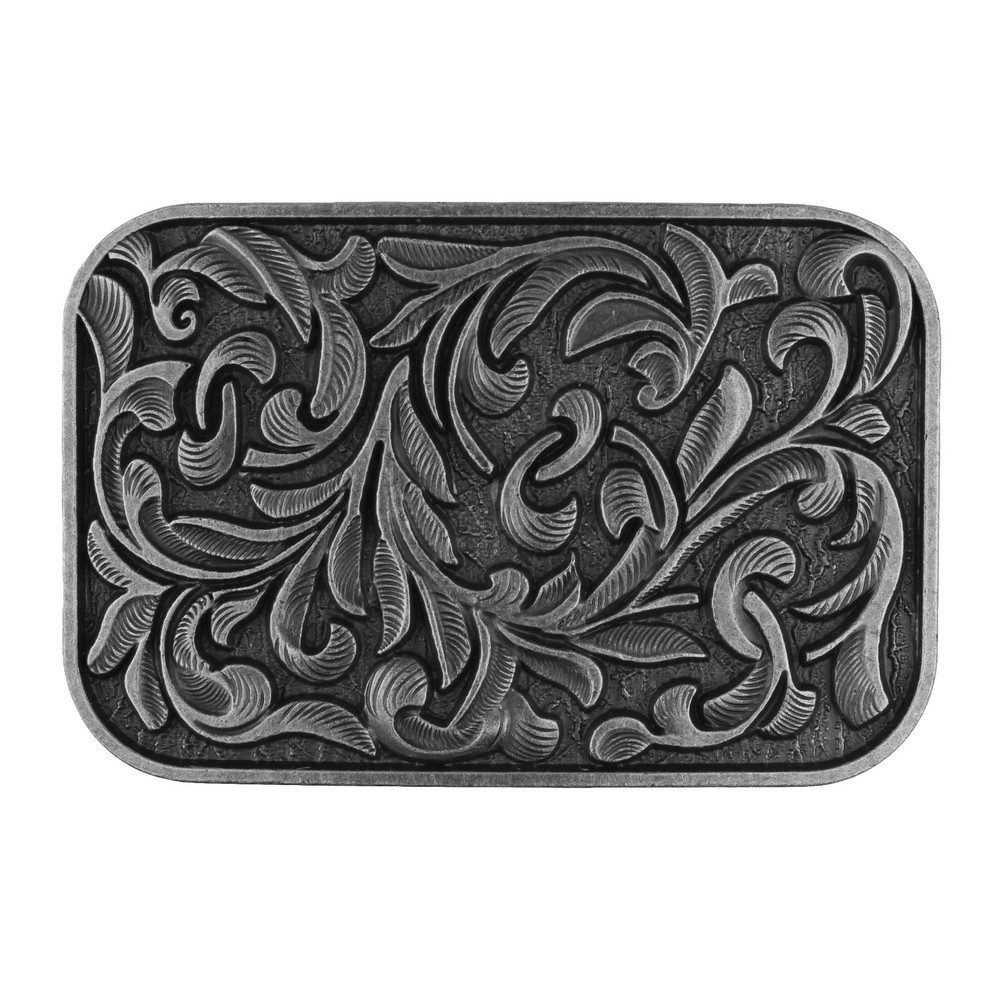 Western Cowboy Belt Buckle Carved Floral Ornate Design Antique Silver 3 1/2 inch