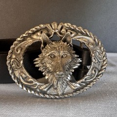 Vintage Silver Wolf Dog Engraved Belt Buckle With Leegin Black Leather Belt 42