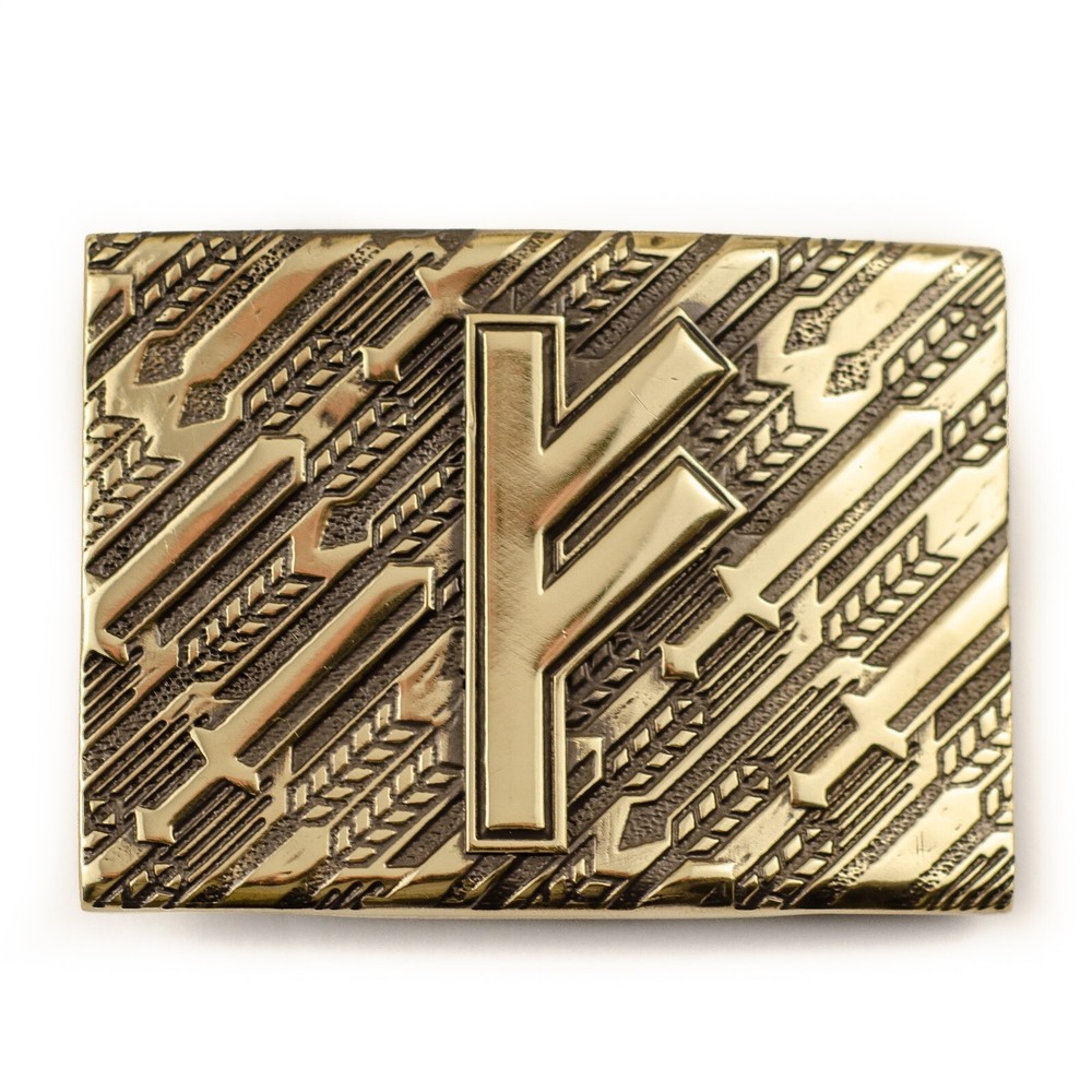 Fehu runic brass belt buckle, Feoh Wealth Rune Seltic Old Norse Scandinavian