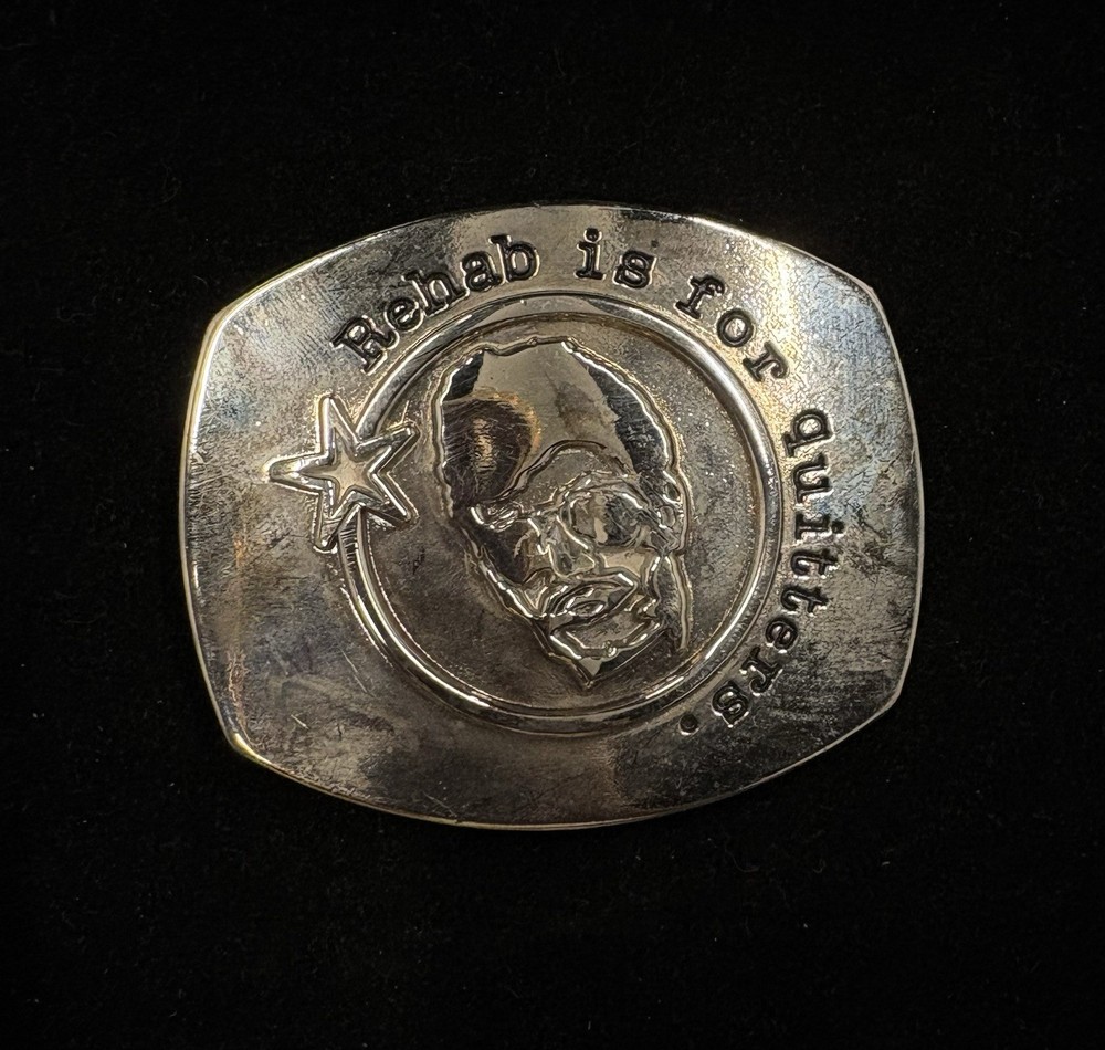Vintage belt buckle Elton John piece pewter construction and a central portrait