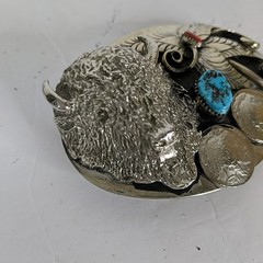 Keams Chee Navajo Belt Buckle Buffalo Head 1937 Indian Coin Turquoise Coral Vtg