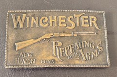 VINTAGE Winchester Repeating Arms Brass Belt Buckle Rifle New Haven CT Western