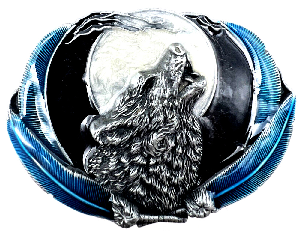 Wolf Framed by Feathers Enameled Belt Buckle New