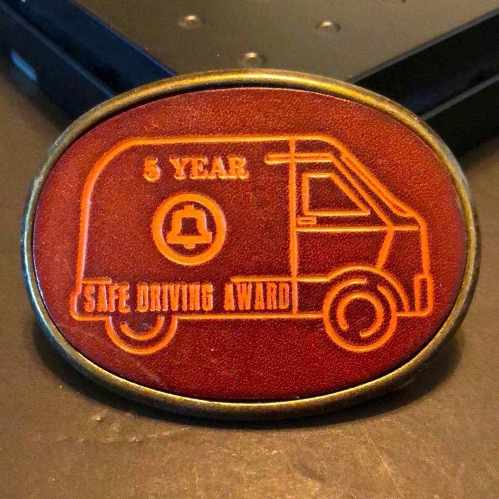Vintage VTG Safe Driving Award Bell Systems Leather Belt Buckle Communications