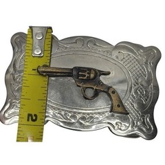 Western Belt Buckle, Silver Tone With Gold Gun, Vintage, Made In USA