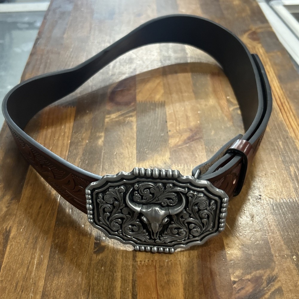 42” Western Style Bull Skull Belt Buckle Etched Brown Design Cowboy Belt