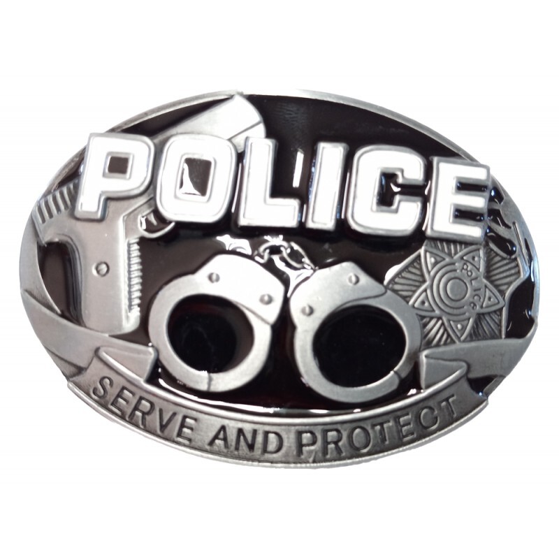 Metal Finish Police Belt Buckle Black and Silver Colored