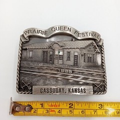 ATSF Train Depot Belt Buckle Cassoday KS 1985 Prairie Queen Festival Vintage