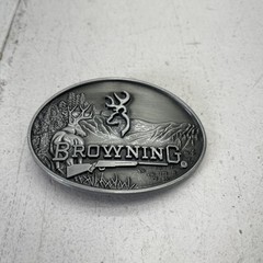 Browning Belt Buckle Mens Silver Oval Deer Rifle Mountain Hunting Logo Western