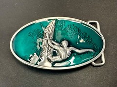 Surfer Riding A Wave Hang 10 Oval Aqua Ocean Sea Blue Color Belt Buckle
