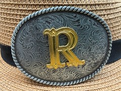 Western Cowboy Antique Engraved Initial R Rope Edge Oval Belt Buckle