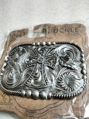 Western, Pewter style finish, Scroll work , Christian Cross metal belt Buckle