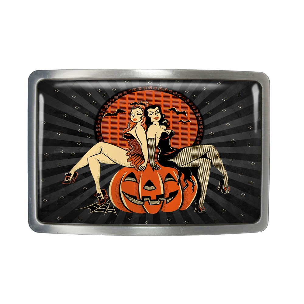 Halloween Pinup Girls Belt Buckle – Vampira, Rectangle, Black Silver or Chrome