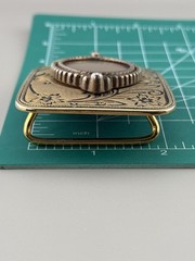 Engraved Brass Belt Buckle Agate Cabochon Floral Western Scroll Vintage Heavy
