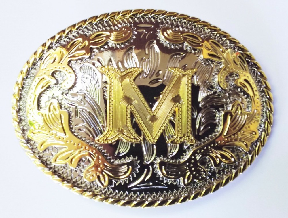 INITIAL  » M  » RODEO COWBOY LETTER SHINE GOLD SILVER WESTERN BELT BUCKLE