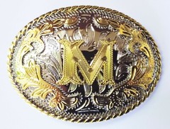 INITIAL  » M  » RODEO COWBOY LETTER SHINE GOLD SILVER WESTERN BELT BUCKLE