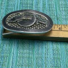 Vtg Shriners Belt Buckle Silver Tone Mesh Backdrop – Sword Moon Stars – Oval