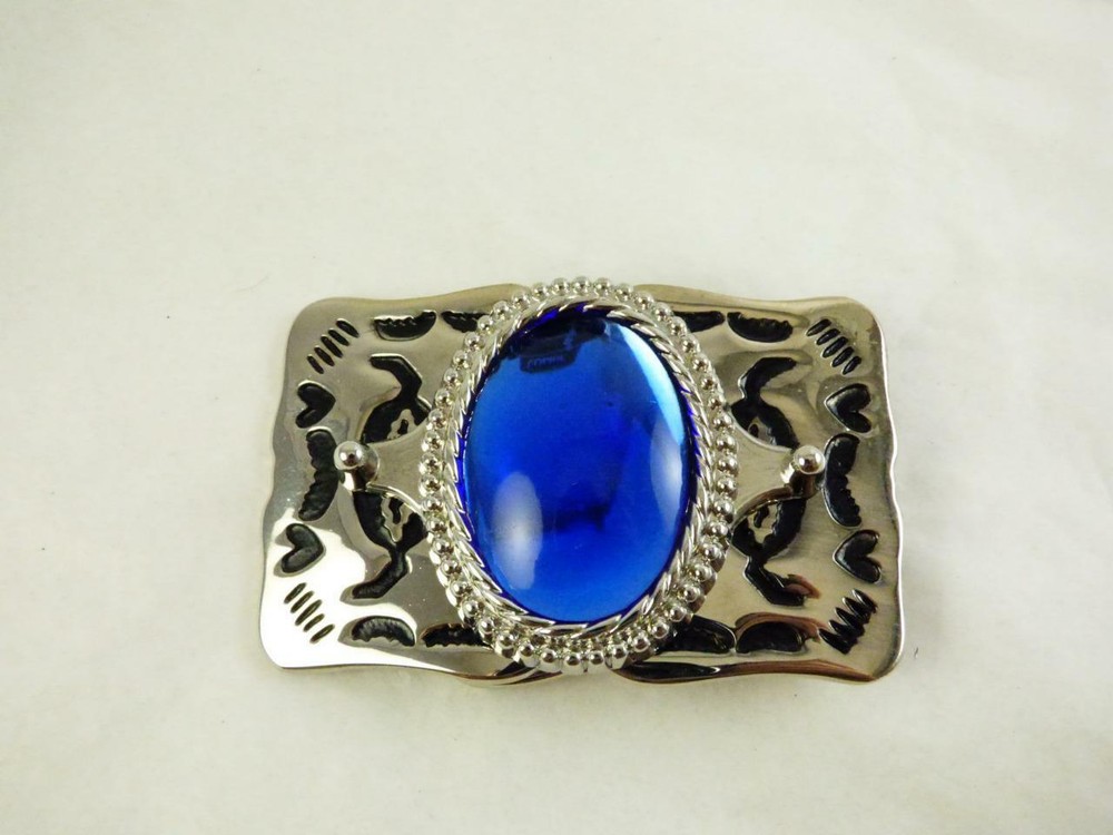 Blue Cobalt Glass 30×40 MM Rhodium Plated Belt Buckle Made In The USA