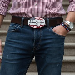 Men Women Belt Buckle Silver Metal USA Flag United States America Red White Blue