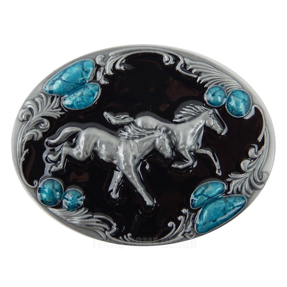Running Horses Belt Buckle Antique Silver Glossy Turquoise Enamel Fits 1.5&Prime; Belt