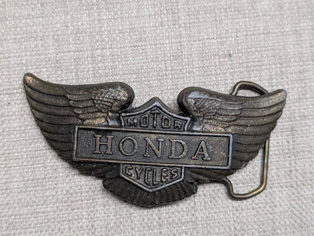 vintage 1970s belt buckle HONDA eaglewings MOTORCYCLE western BRASS patina