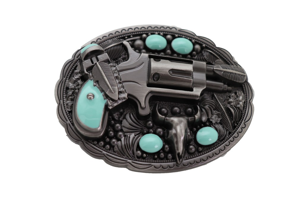 Men Western Buckle Dark Silver Metal Revolver Pistol Gun Feather Bull Turquoise