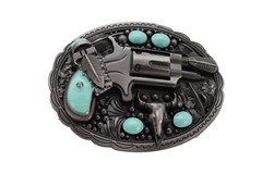 Men Western Buckle Dark Silver Metal Revolver Pistol Gun Feather Bull Turquoise