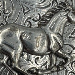 Western Horse Belt Buckle Silver Tone Floral Engraved Rhinestone Border Rodeo