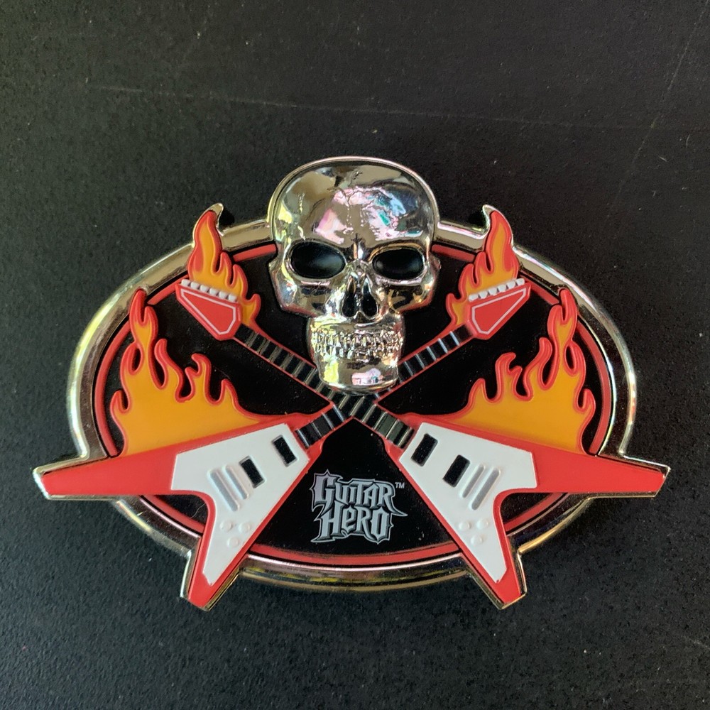 Plastic Guitar Hero Belt Buckle With Skull & Flames