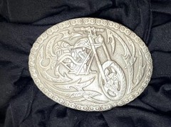 Vtg Crumrine Belt Buckle Western Biker Motorcycle Silver Metal Oval Shape