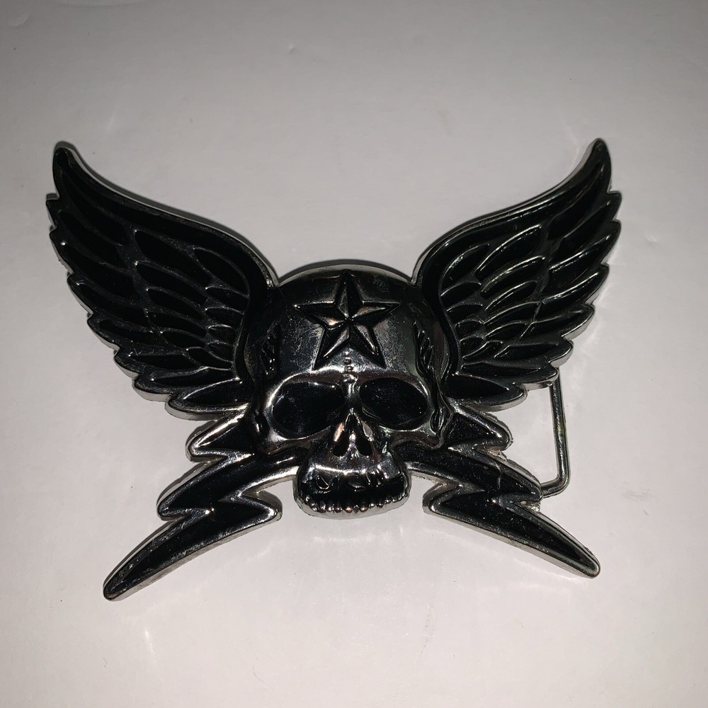 New Winged Skull Belt Buckle-Metal with Black Enamel